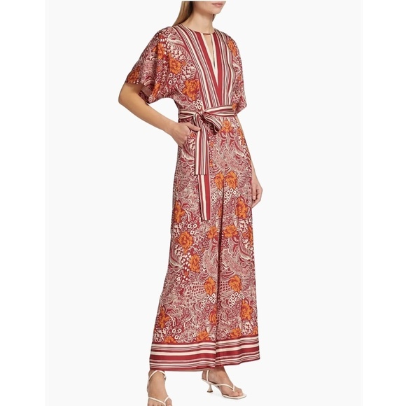 Elie Tahari Pants - Elie Tahari Jumpsuit Silk Occasion Jumpsuit Botanical All Over Print V-Neck Belt
